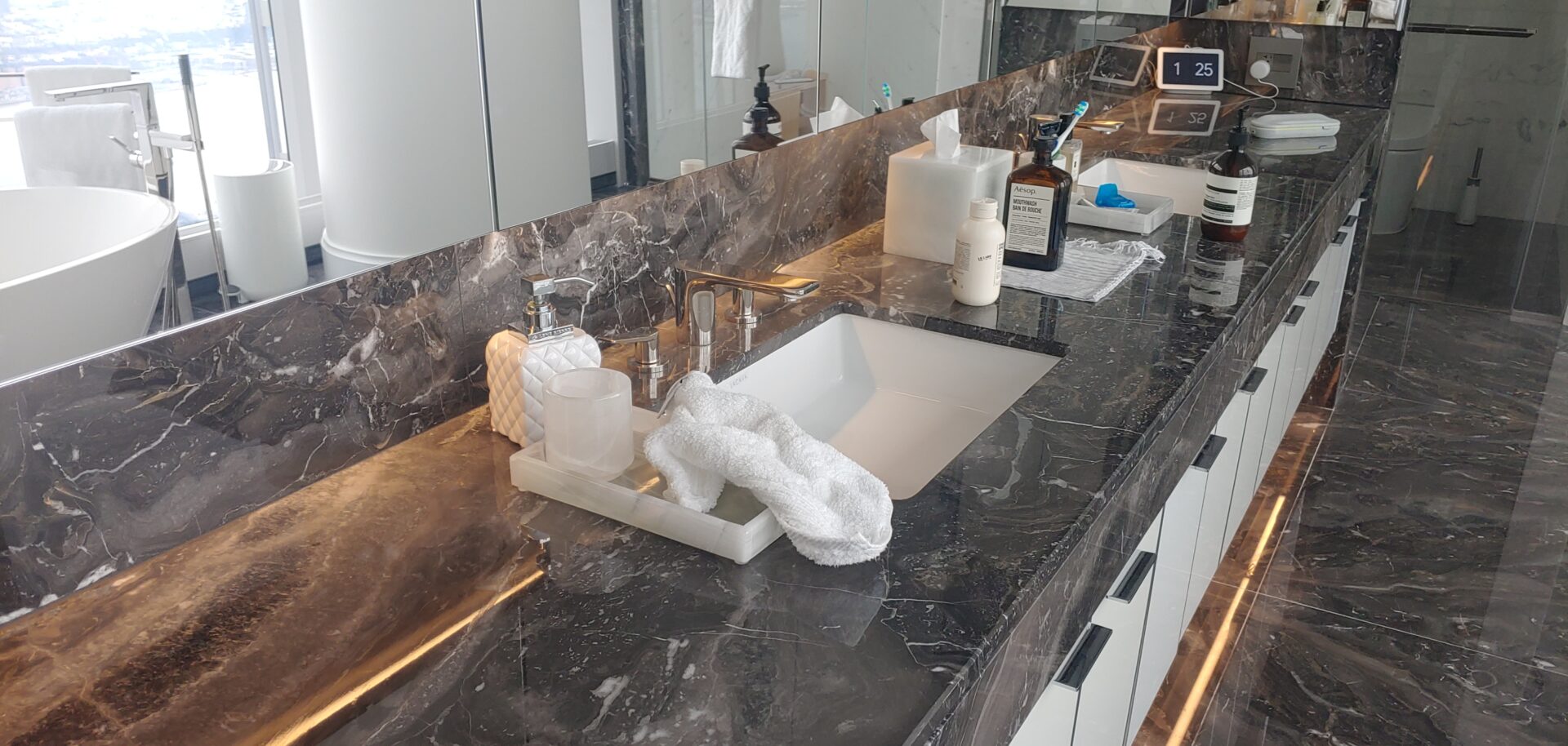 A marble bathroom countertop